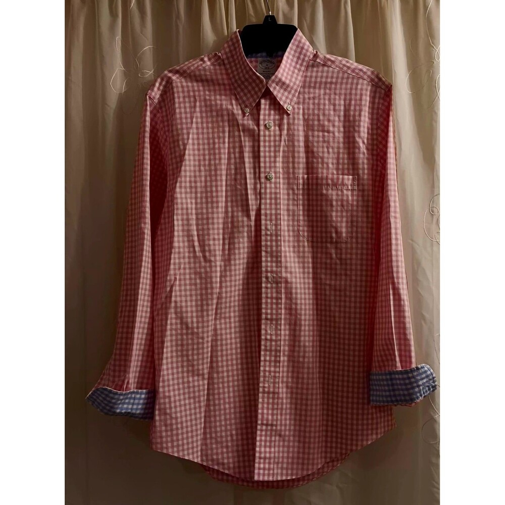 Men Medium Pink Gingam Brooks Bros Regent Shirt 100% Cotton Button Down Preppy